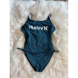 Hurley Side Cinch One Piece Swimsuit Teal Blue Logo Bathing Suit High Leg Size S